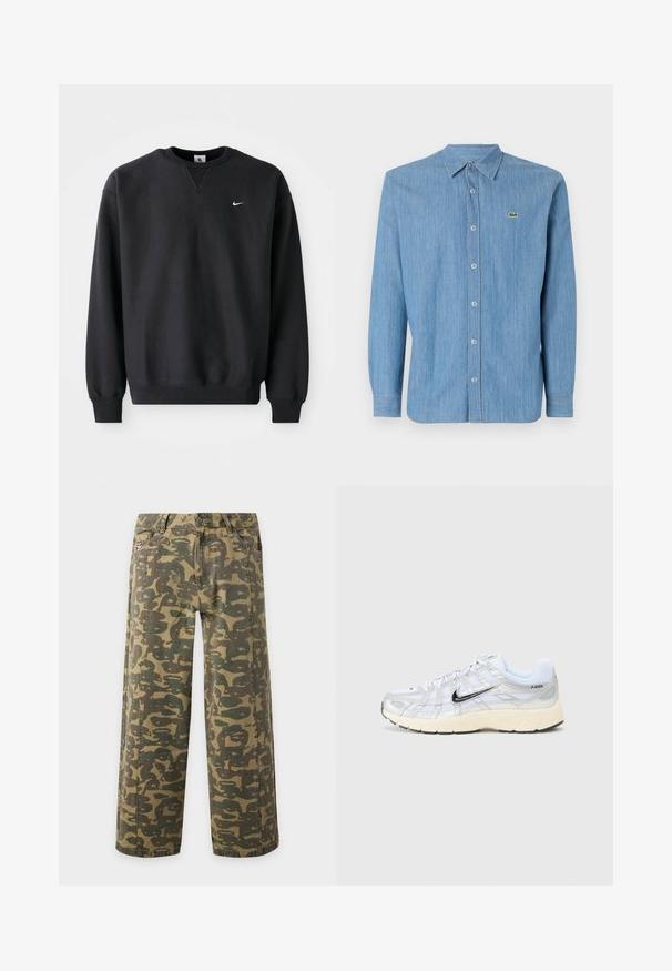 Must musta musta, millel on ümmargune kaelus ja pikad varrukad, ning rinnal on ikooniline valge swoosh logo.; Hele helesinine denimsärk, millel on nupuga krae, pikad varrukad ja väike tikand vasakul rinnal. Omab nupuga esisegust.; Rohelise ja pruuni camo-mustriga laia säärega püksid vööaasade ja küljetaskutega, esitatud ühevärvilise heleda tausta ees.; Valged võrkketsid hõbedaste detailidega, must Nike swoosh, pehme krae ja tekstureeritud põhi. Omab kihilist disaini stabiilsuse tagamiseks.
