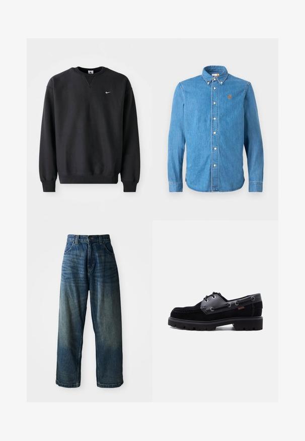 Mustavalkoinen Nike-huppari, jossa on pyöreä kaula-aukko ja pitkät hihat, sekä ikoninen valkoinen swoosh-logo rinnassa.; Vaaleansininen farkkupaita pitkillä hihoilla, napitettava kaulus ja valkoiset napit. Vasemmassa rinnassa on pieni oranssi puu-logo.; Sinisiä farkkuhousuja, joissa on leveät lahkeet ja haalistunut pinta. Varustettu viidellä taskulla, napin suljennalla ja kontrastivärisellä ompeleella. Painava kangas.; Musta nahka- ja mokkanahkainen purjehduskengän, jossa on paksu nastakuvioitu pohja, nyörikiinnikkeet ja sivusaumat vaalealla tasaisella taustalla.