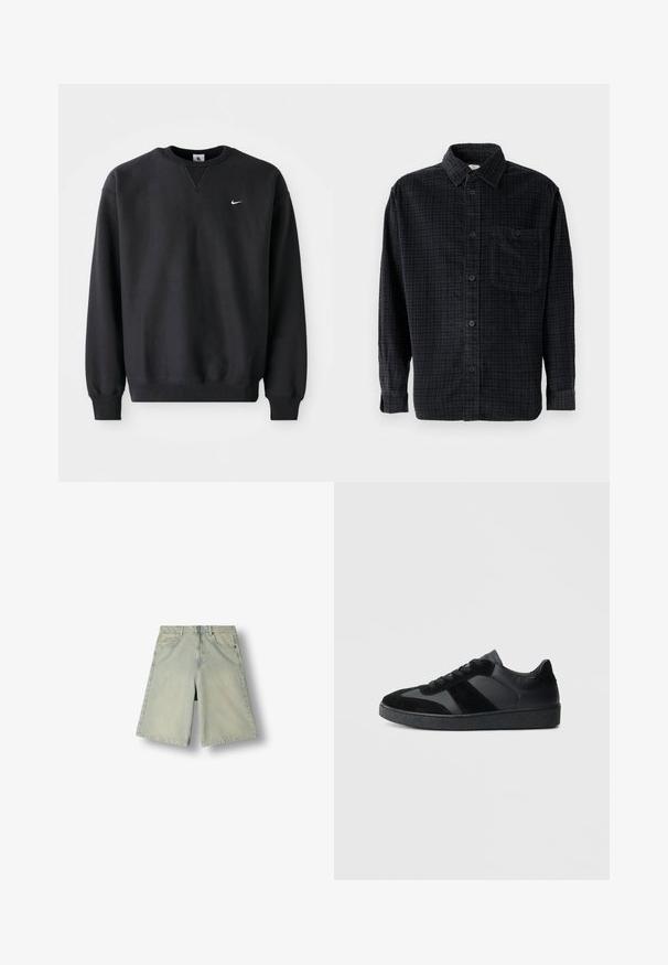 Must musta musta, millel on ümmargune kaelus ja pikad varrukad, ning rinnal on ikooniline valge swoosh logo.; Musthave mustripsiline mustärk, mis on valmistatud pehmest kangast, kus on nööpidega esiosa, krae ja rinnatasku.; Heledassinised teksast põlvikud, mis ulatuvad põlveni, esitaskutega ja vööaugudega, eksponeeritud ühevärvilisel valgel taustal.; Mustad vabaajajalatsid, mis on valmistatud siledast nahast ja seemisnahast, tekstuurse musta kummist tallaga ning peene triibulise detailiga.