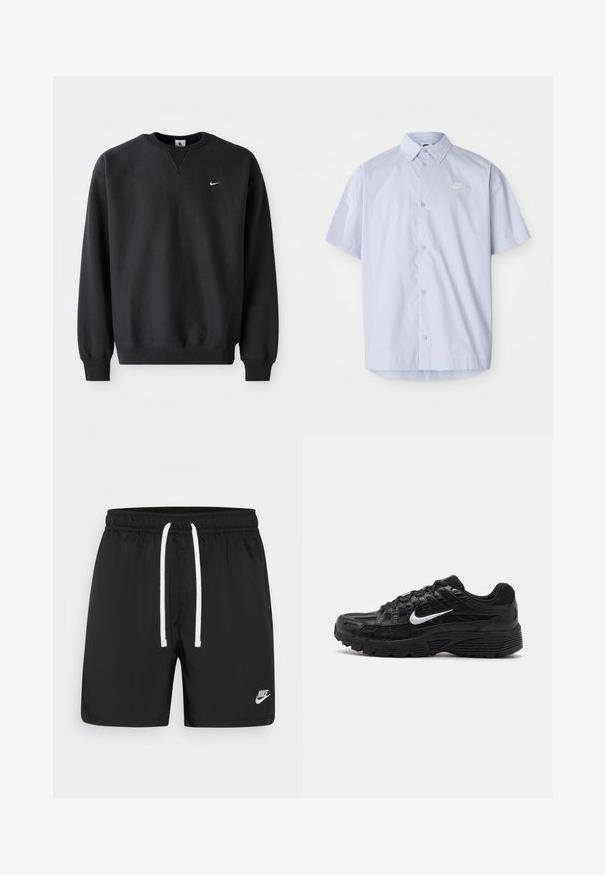 Sudadera negra de Nike con cuello redondo y mangas largas, con el icónico logo de swoosh en blanco en el pecho.; Camisa de manga corta azul claro hecha de una tela suave, con un diseño de botones y un pequeño logo blanco de Nike en el pecho.; Bañador negro con cintura elástica, cordón blanco y pequeño logo gris de Nike en la parte inferior derecha. Material suave y ligero.; Zapatillas deportivas negras con parte superior de malla texturizada y suela de goma. Iconico logo de swoosh blanco en el lado, con diseño de cordones.