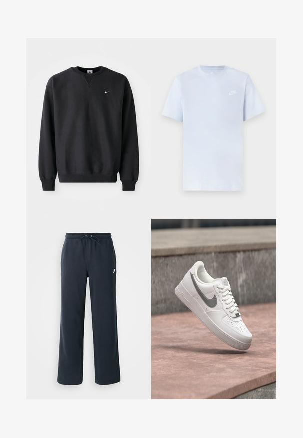 Must musta musta, millel on ümmargune kaelus ja pikad varrukad, ning rinnal on ikooniline valge swoosh logo.; Hele sinine puuvillane t-särk lühikeste varrukatega, ümar kaelus ja valge Nike logo trükituna vasakul rinnal. Sile tekstuur, lihtne disain.; Tumedast meresinised dressipüksid elastse vöökoha ja nööriga. Valmistatud pehmest kangast, vasakul puusal väike valge logo.; Valge Nike Air Force 1 toss hallika Nike logoga, hõljumas kivil pinnal ja halli kivitahvli taustal.