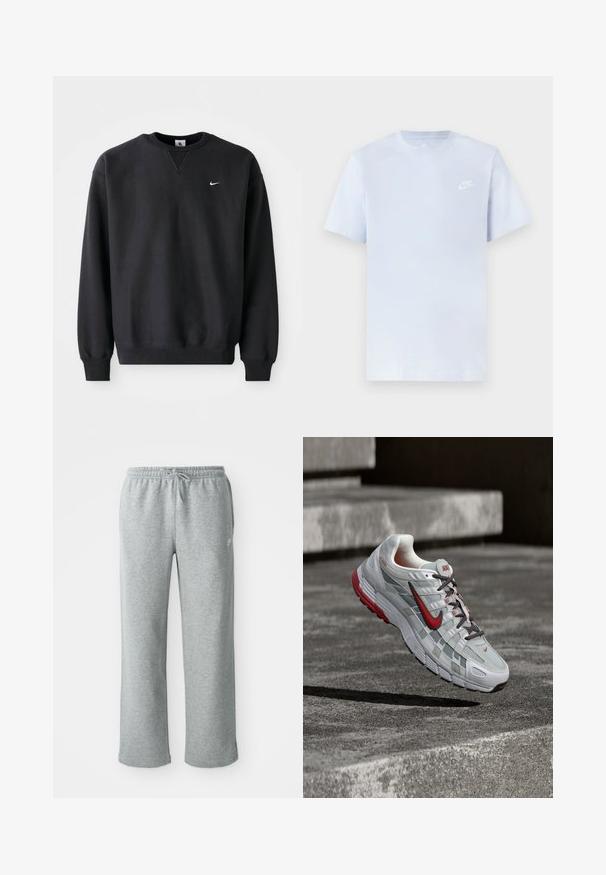 Must musta musta, millel on ümmargune kaelus ja pikad varrukad, ning rinnal on ikooniline valge swoosh logo.; Hele sinine puuvillane t-särk lühikeste varrukatega, ümar kaelus ja valge Nike logo trükituna vasakul rinnal. Sile tekstuur, lihtne disain.; Hallide hallast puuvillased dressipüksid elastse vöökohtadega, nööriga sulgemise ja sirgete jalgadega. Ülemises vasakus nurgas on väike logo.; Valge ja hall Nike jooksujalats punaste detailide ning mustade paeltega, ripub hallide betoonsammude kohal.