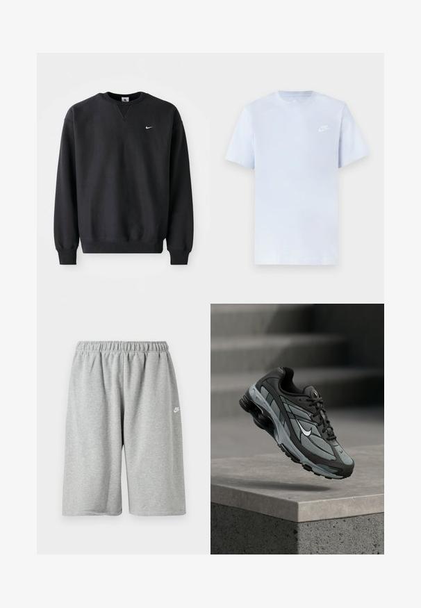 Čierna mikina Nike so zaobleným výstrihom a dlhými rukávmi, s ikonickým bielym swoosh logom na hrudi.; Svetlomodré bavlnené tričko s krátkymi rukávmi, okrúhlym výstrihom a bielym logom Nike potlačeným na ľavej hrudi. Hladká textúra, jednoduchý dizajn.; Sivé bavlnené kraťasy s elastickým pásom, voľného strihu a malým bielym logom blízko lemu. Hladká textúra, dĺžka nad kolená.; Šedá a čierna športová teniska s panelmi z sieťoviny a hrubou podrážkou, umiestnená vo vzduchu nad betónovým obrubníkom a schodmi v pozadí.