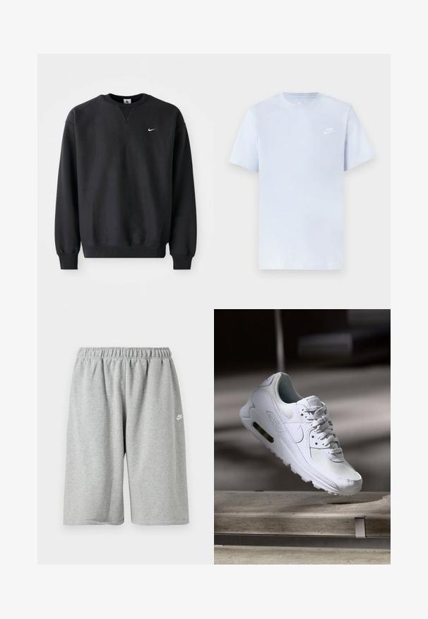 Must musta musta, millel on ümmargune kaelus ja pikad varrukad, ning rinnal on ikooniline valge swoosh logo.; Hele sinine puuvillane t-särk lühikeste varrukatega, ümar kaelus ja valge Nike logo trükituna vasakul rinnal. Sile tekstuur, lihtne disain.; Hallid puuvillased püksid elastse vöökoha ja lahtise lõikega, väike valge logo ääre lähedal. Sile tekstuur, pikkus üle põlve.; Valged Nike Air Max 90 sneakers, millel on võrkkangast ja nahast ülemine osa, aukudega varbadosa ning nähtav õhuüksus kandades.