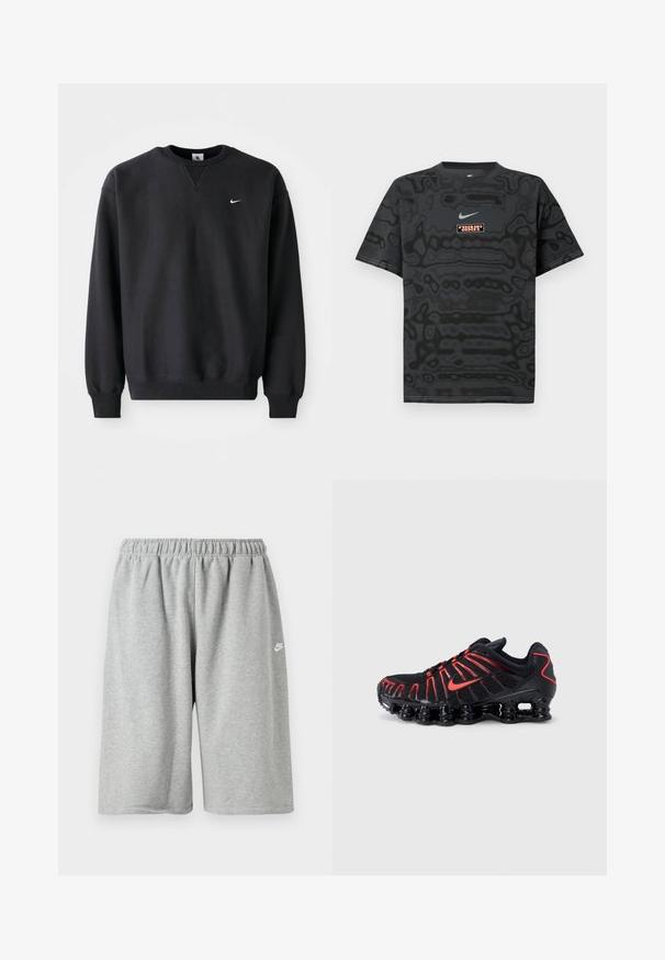 Schwarzer Nike-Sweatshirt mit Rundhalsausschnitt und langen Ärmeln, mit dem ikonischen Swoosh-Logo in Weiß auf der Brust.; Schwarzes T-Shirt mit einem strukturierten Muster, versehen mit einem kleinen Nike-Logo in Hellblau und einem rechteckigen Logopatch in kontrastierenden Farben.; Graue Baumwollshorts mit elastischem Bund, locker geschnitten und einem kleinen weißen Logo nahe dem Saum. Glatte Textur, knielang.; Schwarze Sportchuhe mit roten Akzenten, ausgestattet mit einem strukturierten Mesh-Obermaterial, einem einzigartigen wellenförmigen Design und einer geformten, gepolsterten Sohle.