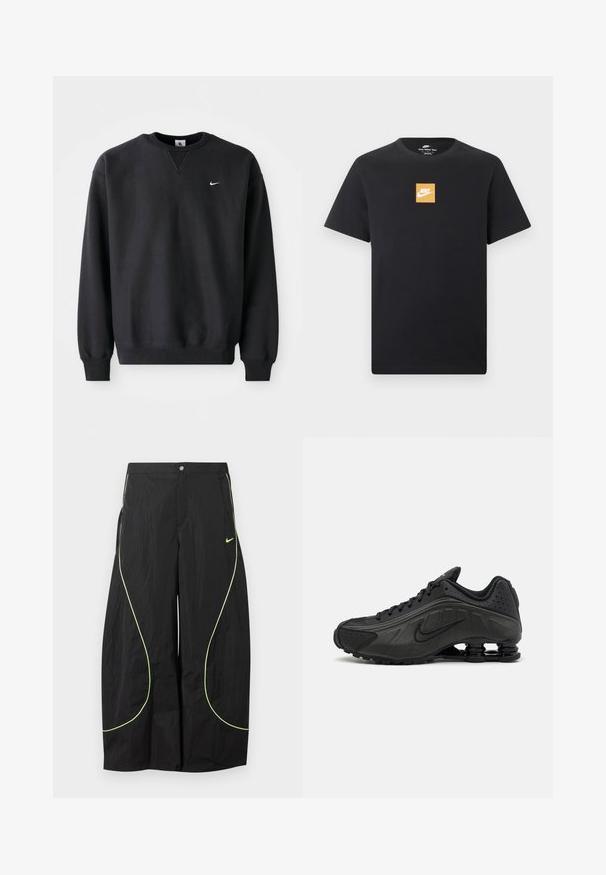 Schwarzer Nike-Sweatshirt mit Rundhalsausschnitt und langen Ärmeln, mit dem ikonischen Swoosh-Logo in Weiß auf der Brust.; Schwarzes Nike T-Shirt mit kurzen Ärmeln, einem kleinen orangefarbenen Quadratlogo und einem weißen Nike-Swoosh, der mittig auf der Brust platziert ist.; Schwarze Nike-Hose mit weitem Bein, neongrünem, geschwungenem Paspel und kleinem Nike-Swoosh-Logo auf dem rechten Oberschenkel, mit Knopf- und Reißverschlussbund.; Schwarze Laufschuhe mit einem glatten synthetischen Obermaterial, durchbrochenen Akzenten, strukturierten Seitenpaneelen und einer ausgeprägten federnden Sohle.