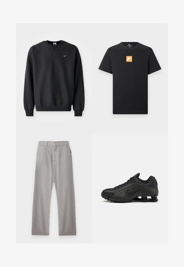Čierna mikina Nike so zaobleným výstrihom a dlhými rukávmi, s ikonickým bielym swoosh logom na hrudi.; Čierne tričko s krátkym rukávom značky Nike s malým oranžovým štvorcovým logom a bielym logom Nike Swoosh umiestneným v strede na hrudi.; Pánske pruhované nohavice s vertikálnymi čiernymi a bielymi tenkými pruhmi, zapínanie vpredu na gombíky, pútka na opasok a bočné vrecká.; Čierne bežecké topánky s hladkým syntetickým zvrškom, perforovanými akcentmi, textúrovanými bočnými panelmi a výraznou pružnou podrážkou.
