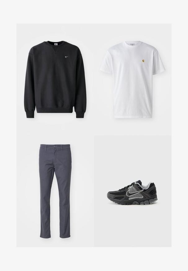 Čierna mikina Nike so zaobleným výstrihom a dlhými rukávmi, s ikonickým bielym swoosh logom na hrudi.; Biele bavlnené tričko s krátkymi rukávmi, okrúhlym výstrihom, s malým zlatým logom na ľavej strane hrude. Mäkká textúra a normálny strih.; Tmavošedé chinos nohavice vyrobené z bavlnenej zmesi. Obsahujú zapínanie na gombík a zips, pútka na opasok a rovný strih.; Čierna športová obuv s panelmi z sieťoviny a syntetickými detailmi. Má zaoblenú špičku, hrubú odpruženú podrážku a kontrastné biele logo.