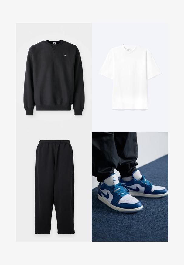 Sudadera negra de Nike con cuello redondo y mangas largas, con el icónico logo de swoosh en blanco en el pecho.; Camiseta lisa blanca de manga corta y cuello redondo con un corte relajado, mostrada sobre un fondo claro.; Pantalones deportivos negros de tela suave, con cintura elástica, piernas anchas y bolsillos laterales con sutiles detalles en azul.; Las zapatillas Nike Air Jordan cuentan con una base de cuero blanco con acentos sintéticos azules, una caja de dedos perforada y cordones azules.