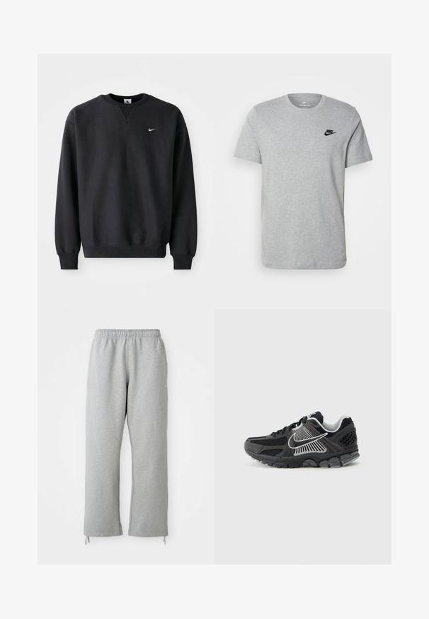 Must musta musta, millel on ümmargune kaelus ja pikad varrukad, ning rinnal on ikooniline valge swoosh logo.; Halli lühikeste varrukatega T-särk, mis on valmistatud puuvillast ja millel on rinnal must Nike'i logo ning ümar kaelus. Minimalistlik disain, ilma mustriteta.; Hallid hallid dressipüksid elastse vöökohtadega, sirged sääred ja nööraktsendid all. Valmistatud pehmest, tekstureeritud kangast.; Mustad spordijalats võrgust paneelide ja sünteetiliste detailidega. Omab ümarat varvast, paksu pehmendusega tallaplaati ning kontrastset valget logodetaili.