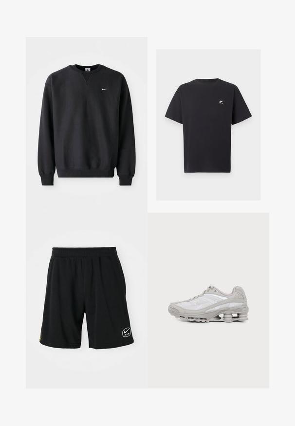 Čierna mikina Nike so zaobleným výstrihom a dlhými rukávmi, s ikonickým bielym swoosh logom na hrudi.; Čierne tričko Nike Air s krátkym rukávom, okrúhlym výstrihom a malým bielym logom na ľavej strane hrude.; Čierne športové šortky vyrobené z jemnej tkaniny, majú elastický pás, detail loga a kontrastné žlté pruhy po stranách.; Šedá a biela športová teniska s viditeľnou podrážkou s vzduchovou vložkou a sieťovinovými panelmi, zobrazená v profile na jednoduchom svetlom pozadí.
