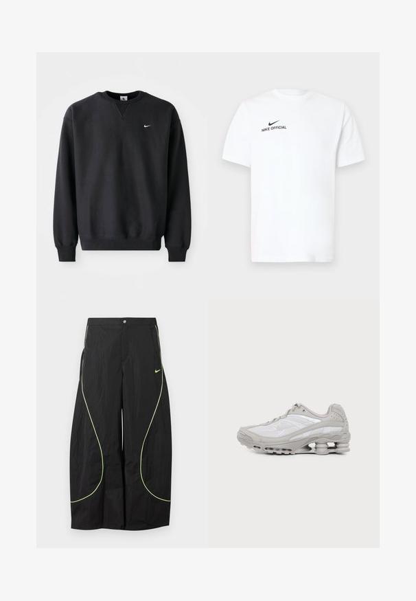 Must musta musta, millel on ümmargune kaelus ja pikad varrukad, ning rinnal on ikooniline valge swoosh logo.; Valge lühikeste varrukatega puuvillane t-särk. Esiküljel vasakul rinnal on must "Nike Official" logo ja must Swoosh.; Mustad laia säärega Nike püksid neoonrohelise kaarekujuga äärise ja väikese Nike-tõmbe logoga paremal reiel, vöökoht tähistatud nööbi ja lukuga.; Hall-valge spordijalats nähtava õhkmadratsi ja võrgust detailidega, esitatud küljepildina lihtsal heledal taustal.