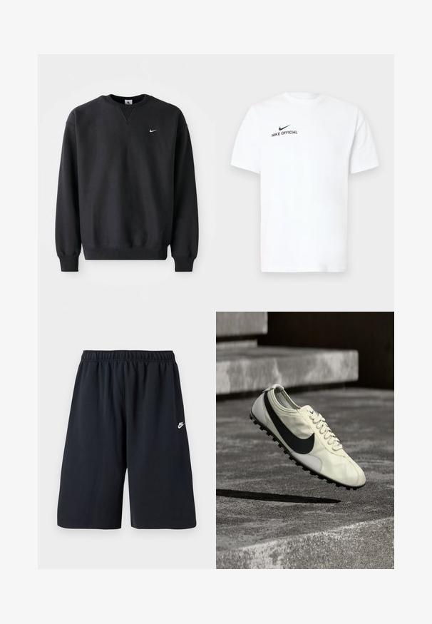 Sort Nike sweatshirt med rund halsudskæring og lange ærmer, med det ikoniske swoosh-logo i hvidt på brystet.; Hvid bomulds T-shirt med korte ærmer. Har en sort "Nike Official"-logo og en sort swoosh på venstre brystside.; Sorte atletikshorts med elastisk linning, glat tekstur og et lille hvidt Nike-logo på venstre ben. Standardlængde.; Hvid Nike-sneaker med sort Swoosh-logo, snørebånd og gummisål med trækkraft, vist midt i luften over betonstrappen.