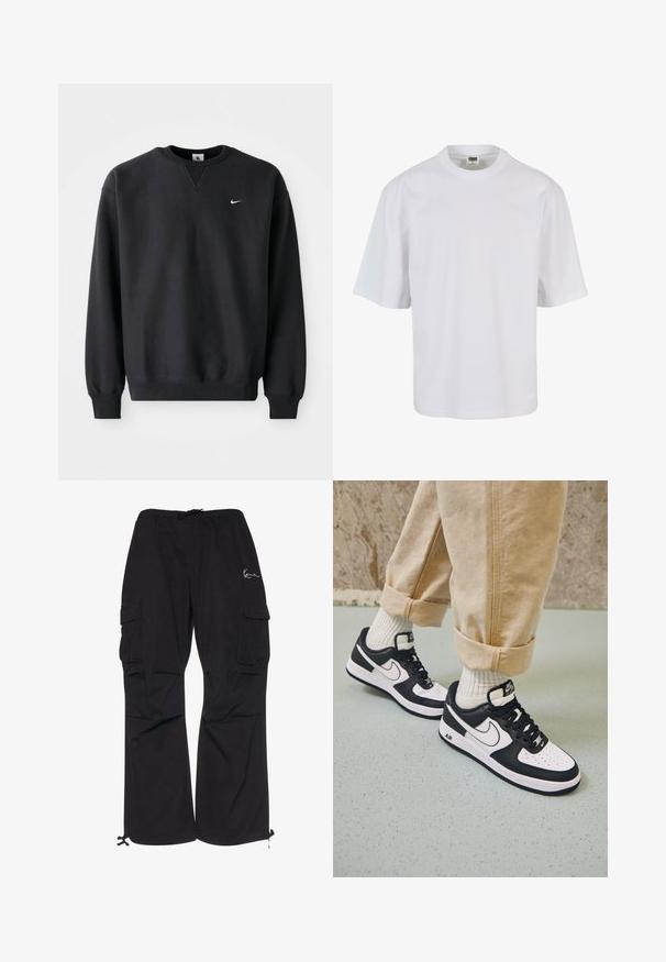 Must musta musta, millel on ümmargune kaelus ja pikad varrukad, ning rinnal on ikooniline valge swoosh logo.; Valge lühikeste varrukatega T-särk, mis on valmistatud puuvillast. Omab ümarat kaelanihke ja lahedat sobivust, millel on sile tekstuur ning ei mingeid nähtavaid mustreid ega graafikat.; Mustad mustad pagasid kergedest kangast, elastse vöökoha ja paeltega, külgtaskud ja reguleeritavad pärani.; Mustvalge Nike Air Force 1 tossud nahast pealsega, perforeeritud varbaga ja tekstuurse tallaga, kantud kergete beige pükstega, mille alumine serv on üles keeratud, ja valgete sokkidega.