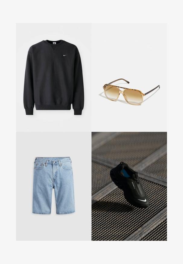 Čierna mikina Nike so zaobleným výstrihom a dlhými rukávmi, s ikonickým bielym swoosh logom na hrudi.; Svetlo modré denimové šortky s prednými vreckami, pútkami na opasok a zapínaním na gombík na jednofarebnom svetlom pozadí.; Čierne tenisky Nike Air Max s elegantným dizajnom, zipsovým uzatváraním, textúrovaným zvrškom a výrazným bielym logom na boku, umiestnené na pozadí s mriežkou.; Slnečné okuliare s korytnačkovým vzorom, obdĺžnikovým rámom, hnedými gradientnými šošovkami a štíhlymi čiernymi ramenami s jemnými akcentmi loga.