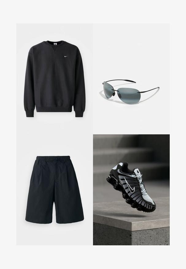 Must musta musta, millel on ümmargune kaelus ja pikad varrukad, ning rinnal on ikooniline valge swoosh logo.; Mustad mustad, elastse vöökoha ja reguleeritava paelaga. Valmistatud siledast kangast, laheda lõikega ja ilma nähtavate mustriteta.; Mustvalge Nike jooksujalats, mis ripub betoonpinna kohal, taustal treppidega kivisein.; Päikeseprillid tumehallide toonitud läätsedega, õhuke must metallraam ja stiilne disain. Omavad kumeraid läätsi ja reguleeritavaid nina padjakesi.
