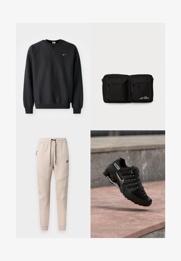 Must musta musta, millel on ümmargune kaelus ja pikad varrukad, ning rinnal on ikooniline valge swoosh logo.; Beežid Nike püksid musta nööriga, külje tõmblukuga tasku, õmmeldud põlvepanelid ja elastsed värvlid.; Must Nike Shox jooksujalats valge Swooshi logoga, õhus roosakat tooni betoonpinna kohal, halli kiviseina taustal.; Mustast kangast kott kahe esiiketega, tikandiga tekstiga, ristkülikukujuline, vastupidav tekstuur ja diskreetne disain.