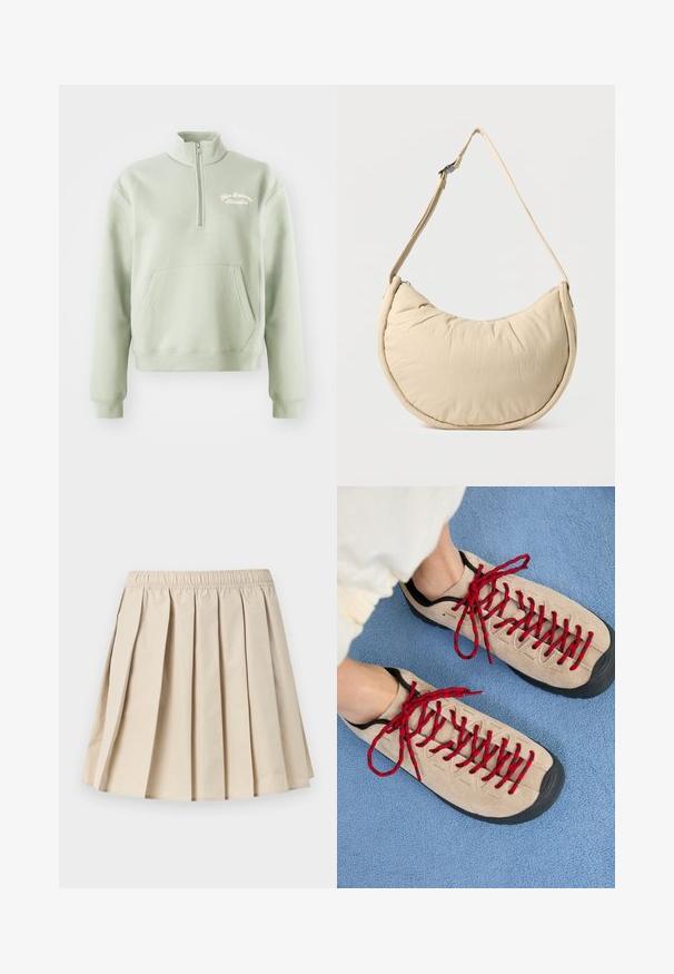 Lysegrøn zip-up sweatshirt med høj krave, kengurulomme og broderet "New Balance Athletics" logo på brystet. Blød tekstur.; Beige plisseret nederdel med elastik i taljen, knælang, glat stof, jævnt fordelt kasseplissering.; Beige sko med røde snørebånd, placeret på en blå tekstureret overflade, delvist synliggørende en persons ankel. Skoene har et sporty design.; Beige skuldertaske i halvmåneform med en blød, polstret overflade. Har justerbar rem og lynlås langs den øverste kant.