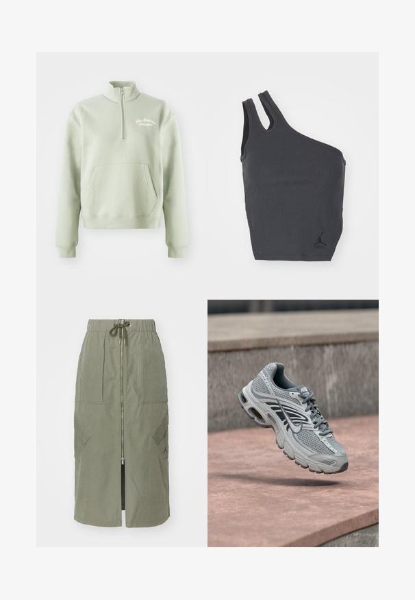 Hellgrüner Reißverschluss-Pullover mit hohem Kragen, Kängurutasche und besticktem "New Balance Athletics"-Logo auf der Brust. Weiche Textur.; Schwarzes geripptes Tanktop mit einem einzigartigen asymmetrischen Design, das einen breiten und einen schmalen Träger aufweist, und ein kleines Logo am Saum enthält.; Olivengrüner Midirock aus leichtem Stoff, mit einem Reißverschluss vorne, elastischem Taillenbund und großen Seitentaschen mit schrägen Klappen.; Hellgrauer und weißer Nike-Laufschuh mit Mesh-Design, schwebt über einer Steinoberfläche im Freien.