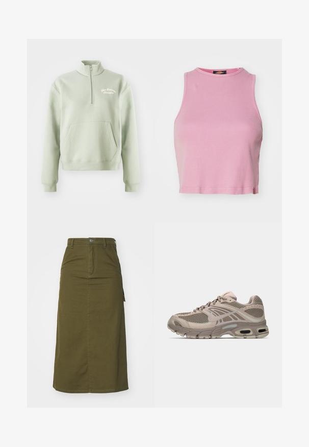 Lysegrøn zip-up sweatshirt med høj krave, kengurulomme og broderet "New Balance Athletics" logo på brystet. Blød tekstur.; Rosa ribbet crop top med rund halsudskæring og ærmeløs design. Har en kant, der slutter lige over taljen.; Oliven grøn bomulds midi nederdel med lige snit, knaplukning, to sidelommer og en let split i kanten for bedre bevægelsesfrihed.; Beige sportssko med mesh-overdel, formede detaljer, rund tå og synlig luftdækning i sålen. Snørebånd i neutral farve.