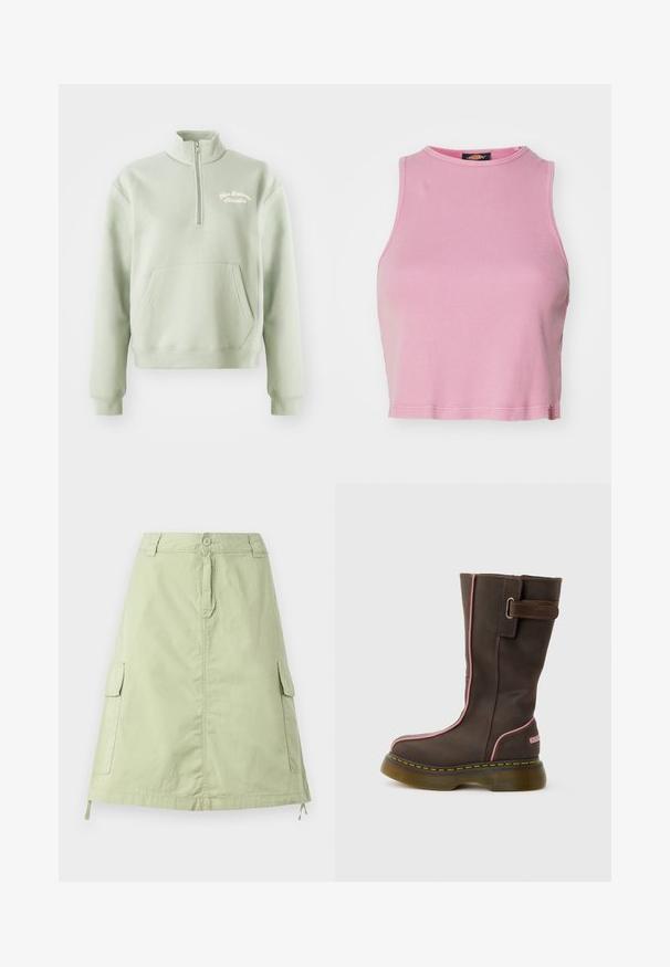 Lysegrøn zip-up sweatshirt med høj krave, kengurulomme og broderet "New Balance Athletics" logo på brystet. Blød tekstur.; Rosa ribbet crop top med rund halsudskæring og ærmeløs design. Har en kant, der slutter lige over taljen.; Lys grøn bomuldsknælang nederdel med to sidelommer, en knaplukning og en afslappet lige pasform. Ensartet tekstur.; Brun læderstøvle til midt på læggen med pink kant, tyk gennemsigtig sål, gul syning og en sidelommerem med metalspænde.
