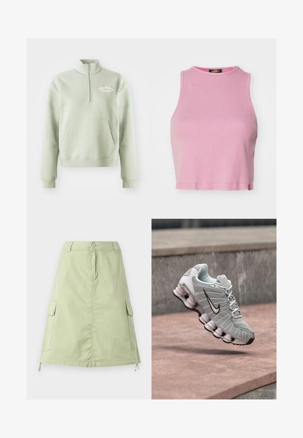 Hellgrüner Reißverschluss-Pullover mit hohem Kragen, Kängurutasche und besticktem "New Balance Athletics"-Logo auf der Brust. Weiche Textur.; Rosa gerippter Cropped-Top mit rundem Halsausschnitt und ärmellosem Design. Besitzt einen Saum, der knapp über der Taille endet.; Hellgrüner Baumwollrock in knielanger Länge mit zwei seitlichen Cargo-Taschen, einer Knopfverschluss und einer entspannten, geraden Passform. Einfache Textur.; Hellgrauer Nike-Sneaker mit schwarzem Swoosh-Logo, weißen Schnürsenkeln und markanter federartiger Sohle, der über einer Steinoberfläche schwebt.