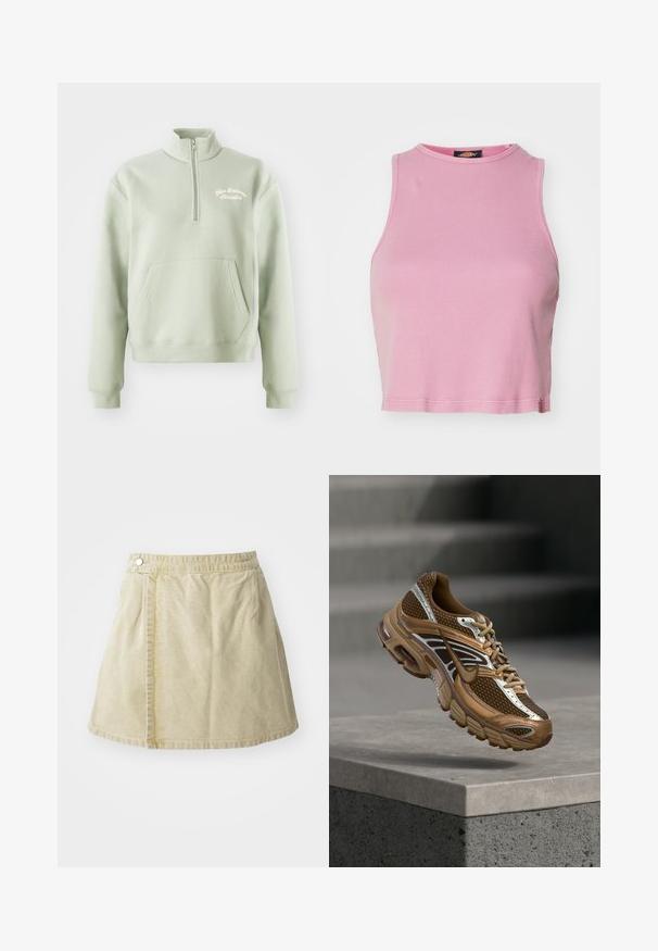 Lysegrøn zip-up sweatshirt med høj krave, kengurulomme og broderet "New Balance Athletics" logo på brystet. Blød tekstur.; Rosa ribbet crop top med rund halsudskæring og ærmeløs design. Har en kant, der slutter lige over taljen.; Khaki mini nederdel lavet af blødt stof, med lukning på siden, glat tekstur og en let udvidet silhuet med nederkanten over knæet.; Brun og tan Nike sneaker med mesh og reflekterende detaljer, der svæver over en betonbeklædning mod en sløret grå baggrund.