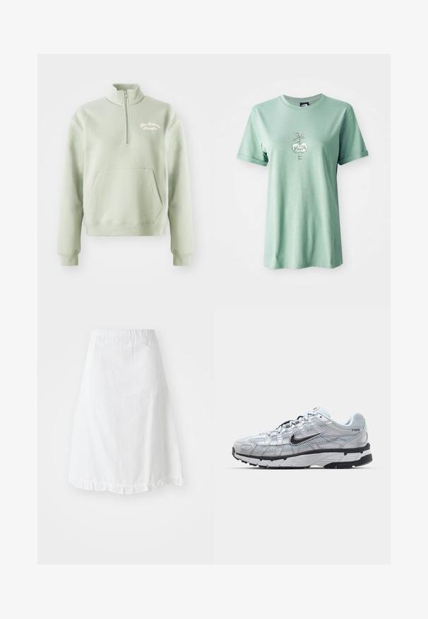 Hellgrüner Reißverschluss-Pullover mit hohem Kragen, Kängurutasche und besticktem "New Balance Athletics"-Logo auf der Brust. Weiche Textur.; Hellgrünes Baumwoll-T-Shirt mit kurzen umgeschlagenen Ärmeln, mit einem zentralen Grafikdesign einer Pflanze in einem runden Topf, Logo auf der unteren Vorderseite.; Weißer Rock mit elastischem Bund, der ein strukturiertes Muster und einen gerafften Saum am unteren Ende aufweist. Einfaches A-Linien-Design.; Nike P-6000 Sneakers mit einem Obermaterial aus leichtem grauem Mesh, schwarzen Akzenten und einer langlebigen schwarzen Gummisohle. Verfügt über ein komplexes Design und ein Schnürsystem.