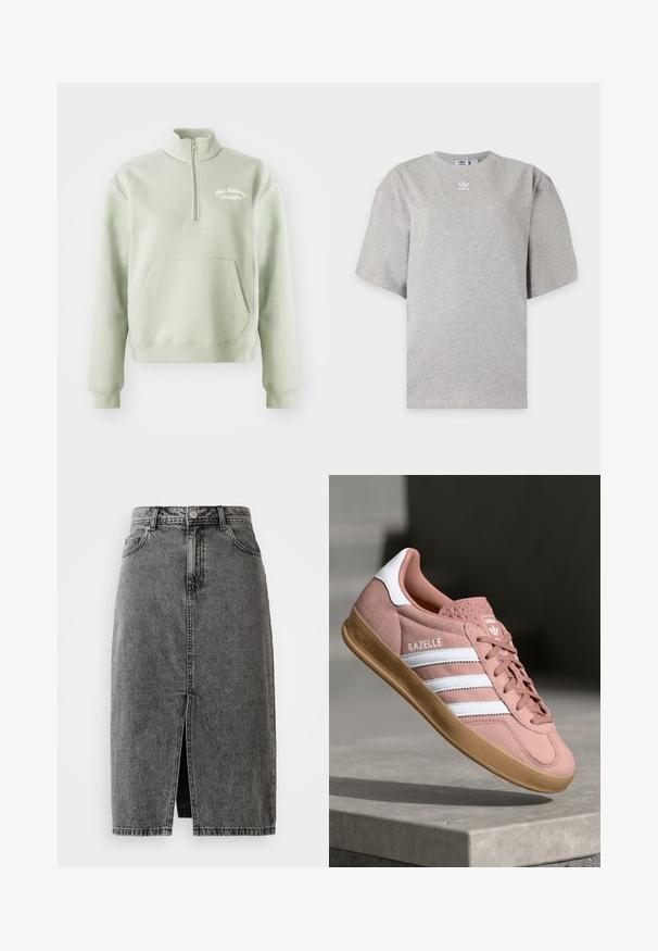 Hellgrüner Reißverschluss-Pullover mit hohem Kragen, Kängurutasche und besticktem "New Balance Athletics"-Logo auf der Brust. Weiche Textur.; Hellgraues Adidas T-Shirt mit kurzen Ärmeln, Rundhalsausschnitt und kleinem weißen Adidas-Logo auf der Brust, auf schlichtem Hintergrund dargestellt.; Hochgeschnittene, ausgebleichte schwarze Denim-Midirock mit vorderem Schlitz, Gürtelschlaufen und klassischem Fünf-Taschen-Design.; Rosa Wildleder-Sneaker mit weißen Streifen, Gummisohle, strukturiertem Obermaterial und Logo auf der Zunge. Klassisches Low-Top-Design.