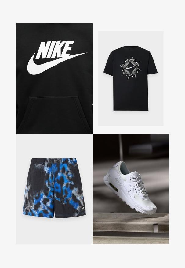 Μαύρο φούτερ με μεγάλη λευκή στάμπα NIKE και το σήμα swoosh τοποθετημένα στο κέντρο πάνω από την μπροστινή τσέπη.; Μαύρο κοντομάνικο μπλουζάκι με λευκό λογότυπο Nike στο κέντρο, περιτριγυρισμένο από δυναμικό κυκλικό σχεδιασμό με αιχμές.; Μαύρο αθλητικό σορτς με μπλε και γκρι αφηρημένο μοτίβο, ελαστική μέση και λογότυπα Nike Air στο κάτω αριστερό και δεξί μέρος.; Λευκό αθλητικό παπούτσι Nike Air Max 90 με άνω μέρος από διχτυωτό και δερμάτινο υλικό, τρυπητό μπροστινό μέρος και ορατή μονάδα αέρα στη φτέρνα.