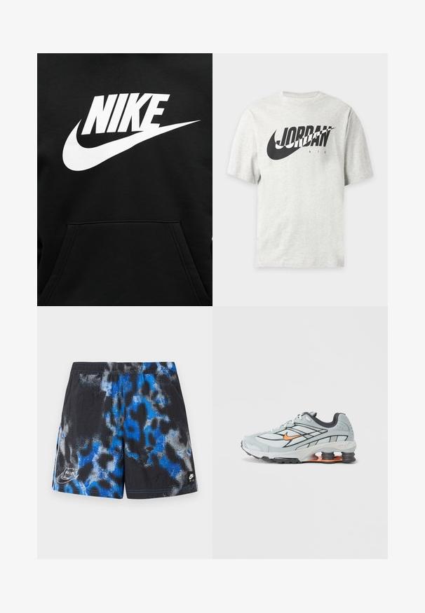 Μαύρο φούτερ με μεγάλη λευκή στάμπα NIKE και το σήμα swoosh τοποθετημένα στο κέντρο πάνω από την μπροστινή τσέπη.; Ανοιχτό γκρι κοντομάνικο μπλουζάκι με μαύρο λογότυπο Nike και κείμενο "JORDAN AIR" στο μπροστινό μέρος.; Μαύρο αθλητικό σορτς με μπλε και γκρι αφηρημένο μοτίβο, ελαστική μέση και λογότυπα Nike Air στο κάτω αριστερό και δεξί μέρος.; Ανοιχτό γκρι αθλητικό παπούτσι με μαύρες λεπτομέρειες, πορτοκαλί λογότυπο, διχτυωτό επάνω μέρος, επενδεδυμένο κολάρο και λαστιχένια σόλα με ορατές μονάδες απορρόφησης κραδασμών.