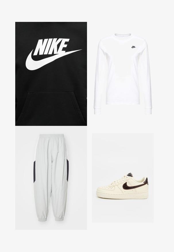Μαύρο φούτερ με μεγάλη λευκή στάμπα NIKE και το σήμα swoosh τοποθετημένα στο κέντρο πάνω από την μπροστινή τσέπη.; Λευκό μπλουζάκι με μακριά μανίκια από βαμβάκι, με ένα μικρό μαύρο λογότυπο Nike στην αριστερή πλευρά του στήθους και στρογγυλή λαιμόκοψη. Λείος υφή.; Ανοιχτό γκρι σορτς από ελαφρύ ύφασμα, με ελαστική μέση και μανσέτες, καθώς και αντίθετες μαύρες και λευκές πλαϊνές ρίγες.; Μπεζ χαμηλά sneakers Nike Air Force 1 με μαύρο λογότυπο swoosh, μπεζ κορδόνια και μπεζ σόλα σε ουδέτερο φόντο.
