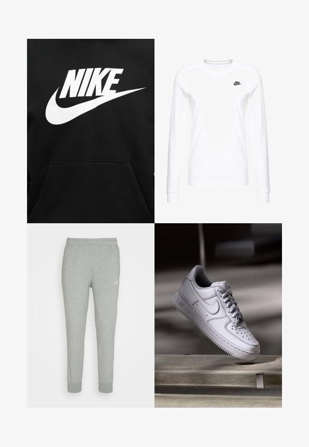 Μαύρο φούτερ με μεγάλη λευκή στάμπα NIKE και το σήμα swoosh τοποθετημένα στο κέντρο πάνω από την μπροστινή τσέπη.; Λευκό μπλουζάκι με μακριά μανίκια από βαμβάκι, με ένα μικρό μαύρο λογότυπο Nike στην αριστερή πλευρά του στήθους και στρογγυλή λαιμόκοψη. Λείος υφή.; Γκρί φόρμες από μαλακό ύφασμα, με σχέδιο που στενεύει προς τα κάτω, ελαστική μέση και μικρό λευκό λογότυπο Nike στο αριστερό μηρό.; Λευκό δερμάτινο αθλητικό παπούτσι Nike Air Force 1 με διάτρητο μπροστινό μέρος, επίπεδα κορδόνια και υφή στην καουτσούκ σόλα με το λογότυπο "AIR" στην πλευρά.