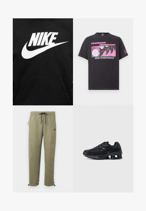 Μαύρο φούτερ με μεγάλη λευκή στάμπα NIKE και το σήμα swoosh τοποθετημένα στο κέντρο πάνω από την μπροστινή τσέπη.; Μαύρο μπλουζάκι Nike με ροζ γραφικό από ποδοσφαιρικά παπούτσια που κλωτσούν μια μπάλα ποδοσφαίρου, κείμενο «Φιλικό Τουρνουά» και «Nike Sportswear» στο μπροστινό μέρος.; Ελιά πρασινωπό παντελόνι φόρμας Nike με μαύρα κορδόνια, φερμουάρ στην πλαϊνή τσέπη, ένθετα στα γόνατα και ρυθμιζόμενους δεσμούς στον αστράγαλο.; Μαύρο αθλητικό παπούτσι με επάνω μέρος από δίχτυ, επενδυμένο κολάρο και εμφανή τεχνολογία απορρόφησης κραδασμών στη φτέρνα. Διαθέτει υφασμένα διακοσμητικά στοιχεία και κορδόνια.