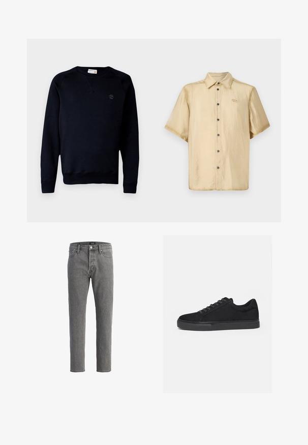Zwarte sweatshirt van een katoenmix, met een ronde halslijn, lange mouwen, ribgebreide manchetten en een klein logo op de borst.; Korte mouwen shirt in lichtbeige satijn met een glanzende afwerking, knoopsluiting aan de voorkant en een klein logo op de linkerborst.; Grijze denim jeans met een rechte snit, vijf-pocket ontwerp en metalen knoopsluiting. De stof heeft een zachte, gestructureerde afwerking.; Zwarte lage sneaker met veterluiting aan de voorkant en platte rubberen zool, zijaanzicht op een witte achtergrond.