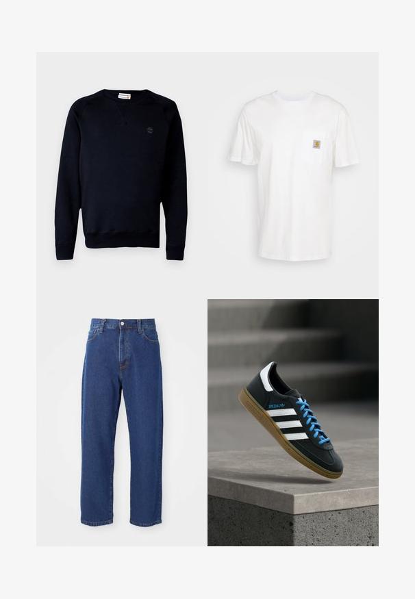 Sort sweatshirt lavet af en blanding af bomuld, med rund halsudskæring, lange ærmer, ribbede manchetter og et lille logo på brystet.; Hvid bomulds T-shirt med korte ærmer, en brystlomme, og et lille firkantet logo patch i orange og hvid på lommen.; Høj taljede blå jeans i denim, med lige ben silhuet, synlige stikninger og en frontknaplukning.; Sort Adidas sneaker med hvide striber, blå snørebånd og gummisål, der svæver over gråt betontrin i blødt lys.