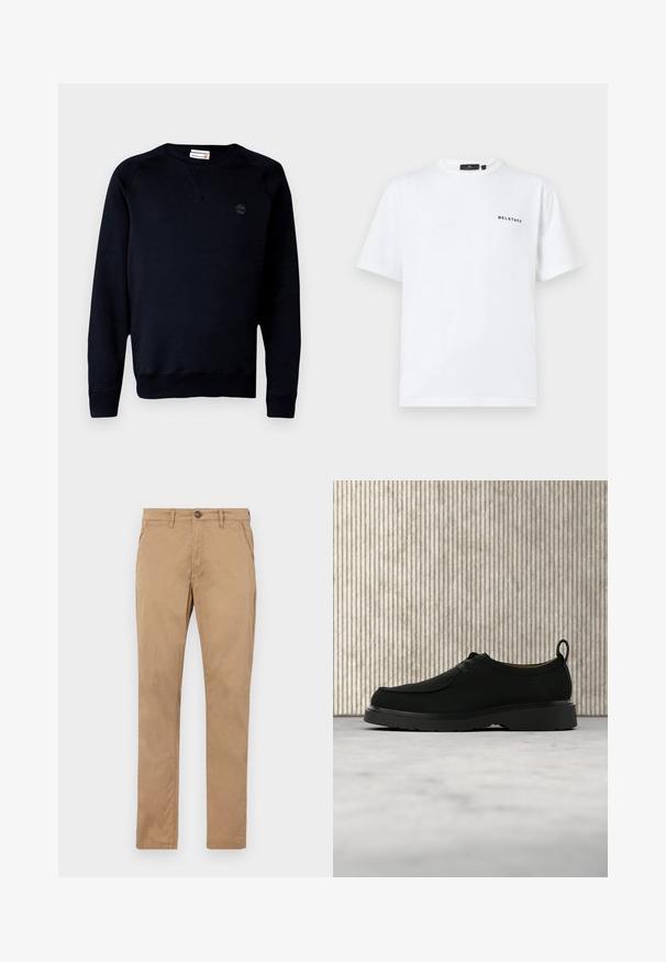 Sort sweatshirt lavet af en blanding af bomuld, med rund halsudskæring, lange ærmer, ribbede manchetter og et lille logo på brystet.; Hvid crew neck kortærmet t-shirt med lille sort "BELSTAFF" tekstlogo på venstre bryst.; Tan, lige ben chinos lavet af bomuld. Har en frontknap, lynlås og sidelommer med en glat struktur og uden synlige mønstre.; Sort lædersko til fritid med snørebånd, tyk sål og træksnor, placeret i luften over beige tæppe med brunt rundt møbel i baggrunden.