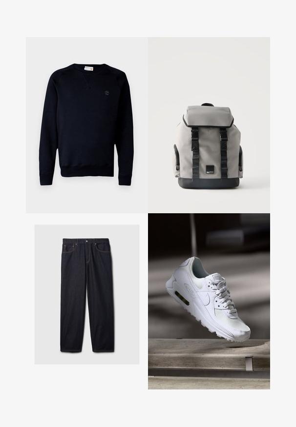 Zwarte sweatshirt van een katoenmix, met een ronde halslijn, lange mouwen, ribgebreide manchetten en een klein logo op de borst.; Donkerdenim jeans met een rechte pasvorm, voorzien van een knoop- en ritssluiting, twee voorzakken en contrasterende oranje stiksels.; Witte Nike Air Max 90 sneaker met een bovenwerk van mesh en leer, een geperforeerde teenbox en een zichtbare luchtunit in de hiel.; Lichtgrijze rugzak met zwarte banden en gespen, voorflap, zijritsvakken en een zwarte bodem op een witte achtergrond.