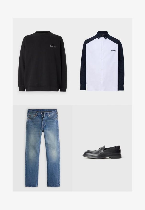 Schwarzer Sweatshirt aus weichem Material, mit Rundhalsausschnitt und langen Ärmeln. Kleines graues "Barbour"-Logo auf der linken Brust.; Langarm-Hemd mit weißer Vorderseite, schwarzen Ärmeln und Schultern, Knopfkraagen und "Fiorucci"-Logo auf der Brust.; Blaue Jeans aus Denim mit geradem Bein, leichter Ausbleichung, Fünf-Taschen-Design und kupferfarbenen Akzenten an Knöpfen und Nieten.; Schwarze Lederloafer mit strukturierter Oberfläche, versehen mit einem dekorativen Frontriemen und einer abgerundeten Spitze. Gummisohle für Langlebigkeit.
