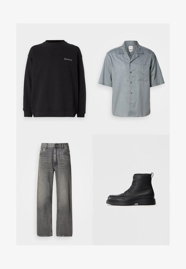 Schwarzer Sweatshirt aus weichem Material, mit Rundhalsausschnitt und langen Ärmeln. Kleines graues "Barbour"-Logo auf der linken Brust.; Kurzärmliges Button-up-Hemd aus lichtgrauem Stoff mit glatter Textur, ausgestattet mit einer Brusttasche und klassischem Kragen.; Weit geschnittene Jeans aus dunkelgrauem Denim mit ausgewaschenem Finish. Verfügt über klassisches Fünf-Taschen-Design und Gürtelschlaufen.; Schwarze strukturierte Leder-Schnürstiefelette mit dicker Sohle und Zuglasche hinten, Seitenansicht.