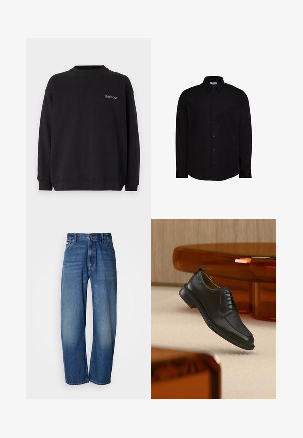 Must mustärk, pehmest kangast, ümmarguse kaeluse ja pikkade käistega. Vasal vasakul rinnal väike hall "Barbour" logo.; Must pikkade varrukatega nööpidega särk, valmistatud siledast kangast. Omadused: klassikaline krae, esiosa plastron ja väike logo rinnal.; Lainete lõikega teksapüksid keskmise sinise tooniga. Varustatud luku ja viie taskuga ning kerge tuhmumisega kulunud välimuse loomiseks. Klassikalise õmbluse detailid.; Mustast nahast pitsidega kleitking tekstureeritud esiosaga, hõljumas beeži vaiba kohal moodsas toas, millel on merevaigutoonilised mööbliesemed.