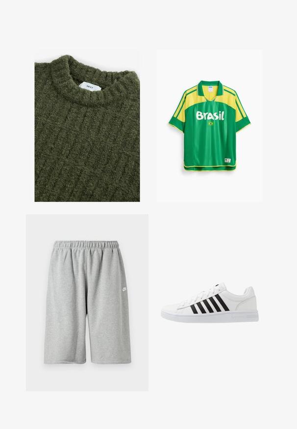 Grøn strikket sweater med høj hals, struktureret overflade og subtile lodrette ribber. Har et syet mærke ved halsudskæringen.; Grøn og gul brasiliansk fodboldtrøje med teksten "Brasil", et lille brasiliansk flag og et FIFA verdensmesterskabsmærke nederst.; Grå bomuldsshorts med elastik i taljen, med løs pasform og et lille hvidt logo nær kanten. Glat tekstur, længde over knæet.; Hvide atletiske sko med sorte striber, lavet af syntetisk materiale. Har flade snørebånd, en polstret manchet og en gummisål med tekstureret trækkraft.