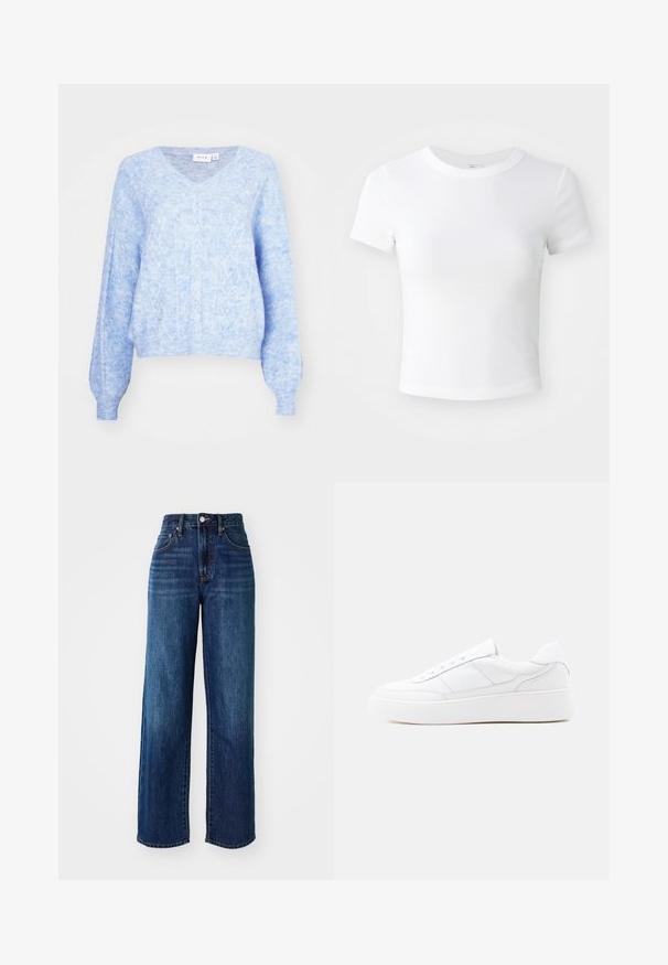 Pull en V bleu clair avec un motif en torsades texturé, manches longues et bords côtelés. Tissu doux et léger avec une coupe décontractée.; T-shirt courte à manches courtes, blanche, avec un col rond, présentée sur un fond neutre et lumineux.; Jeans en denim bleu foncé avec une taille haute, un design à jambes larges, des poches avant et arrière, et une légère décoloration. Quincaillerie en métal sur la taille.; Baskets basses blanches avec semelle épaisse, design à lacets et détails de couture subtils sur un fond clair uni.