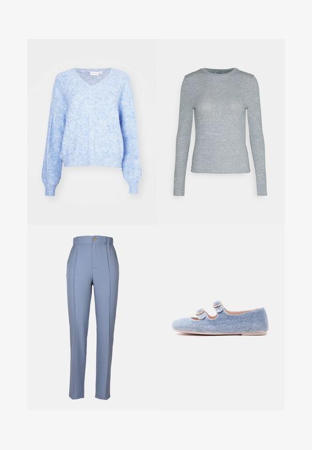 Pull en V bleu clair avec un motif en torsades texturé, manches longues et bords côtelés. Tissu doux et léger avec une coupe décontractée.; Noisy May NMTINO - T-shirt à manches longues - pearled ivory/navy; Pantalons ajustés bleu clair avec taille haute, plis à l'avant et fermeture à un bouton. Le tissu a une texture lisse avec des détails de couture minimalistes.; Chaussure plate en denim bleu clair avec deux brides à boucle ajustables et une semelle beige, vue de profil sur fond blanc.