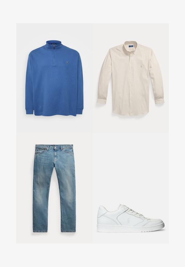 Sinine lukuga pullover, mis on valmistatud pehmest kangast, pikkae varrukatega, kõrge kraega ja väikese logoga rinnal. Tekstuuriga disain üle kogu materjali.; Beebist ja valgest vertikaalsete triipudega pikkade varrukatega nööbitav särk, nööbitava kraega ja väike tikitud logo rinnal.; Hele sinised sirgete sääreosaga teksapüksid esitaskute, vööaasa, nupuga sulgemise ja kergelt pleekinud detailidega.; Valged nahast spordijalatsid siledast materjalist, millel on ventilatsiooniga varvas, paelad ja kõrvale brodeeritud logo. Valge kummitald.