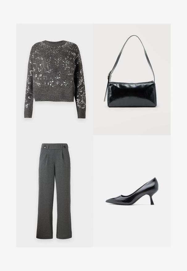 ONLY ONLALTA SEQUIN O NECK - Pullover - dark grey; Pantalons large gris en tissu texturé, avec une taille haute, des plis à l'avant et deux boutons à la taille.; Escarpin en cuir verni noir avec bout pointu et talon aiguille de hauteur moyenne. Texture lisse et design minimaliste sans ornements visibles.; Sac d'épaule rectangulaire noir avec une sangle réglable unique et une fermeture éclair supérieure sur un fond uni.