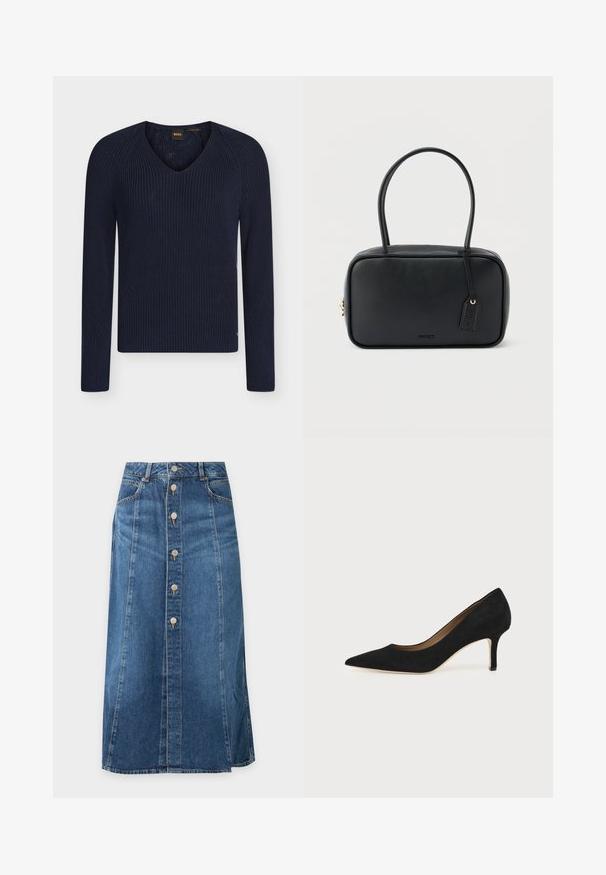 Pull en maille bleu marine à col en V et manches longues avec texture côtelée, fabriqué à partir de fil italien, étiqueté BOSS à l’intérieur du col.; Jupe midi en denim bleu avec fermeture à boutons sur le devant, poches latérales et détails de couture visibles sur un fond uni.; Escarpin en daim noir à bout pointu avec un talon stiletto fin de hauteur moyenne et un design à coupe basse sur un fond uni.; Sac à main rectangulaire noir avec doubles poignées arrondies, fermeture éclair dorée et logo "HUGO" embossé sur le devant avec une étiquette en cuir attachée.