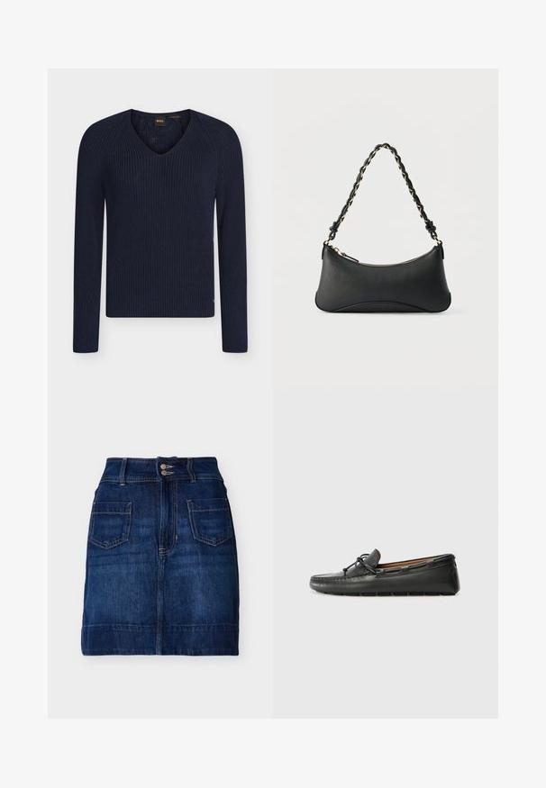 Pull en maille bleu marine à col en V et manches longues avec texture côtelée, fabriqué à partir de fil italien, étiqueté BOSS à l’intérieur du col.; Jupe en denim bleu foncé avec poches avant, fermeture à double bouton, passants pour ceinture et coutures visibles, posée à plat sur un fond blanc.; Bateau en cuir noir avec un bout arrondi, des détails de couture, un petit accent en nœud et une semelle en caoutchouc. Texture lisse et design épuré.; Sac à bandoulière en cuir noir de forme rectangulaire incurvée, avec une chaîne dorée tissée dans la bandoulière noire tressée et une fermeture éclair sur le dessus.