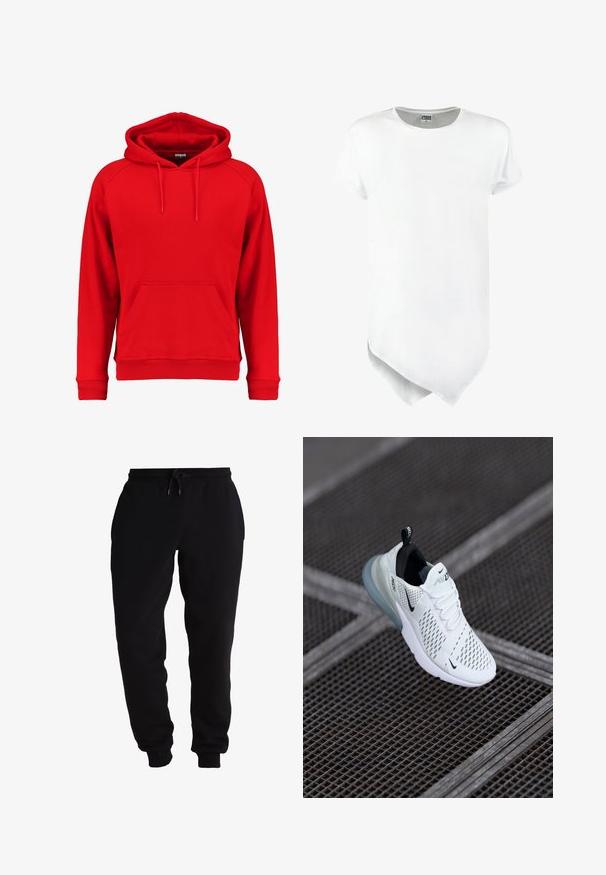 Rød hættetrøje lavet af blødt stof, med en frontlomme, snoretræk i hætten og ribbet manchetter og kant. Enkel design uden synlige logoer.; Kortærmet hvid t-shirt med rund halsudskæring og en asymmetrisk nederste kant, lavet af bomuldsblanding med en glat tekstur.; Svarte sweatpants lavet af blødt stof, med en elastisk talje med snor, tapered benåbninger og sidelommer.; Hvide atletiske sneakers med perforeret mesh-overdel, sorte accenter, synlige snørebånd og en gennemsigtig luftdæmpningssål.