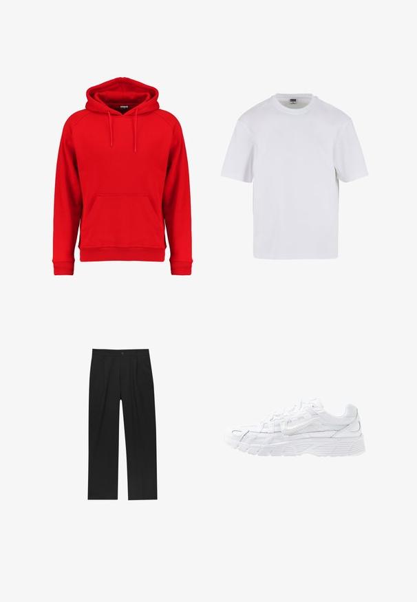 Rød hættetrøje lavet af blødt stof, med en frontlomme, snoretræk i hætten og ribbet manchetter og kant. Enkel design uden synlige logoer.; Hvid kortærmet t-shirt lavet af bomuld. Har en rund halsudskæring og en afslappet pasform. Glat tekstur, minimalistisk design, ingen mønstre eller accenter.; Sorte bukser med lige ben, lavet af et glat stof. Har frontfolder og en enkelt knaplukning i taljen.; Nike Sportswear P 6000 - Sneakers - white/platinum tint